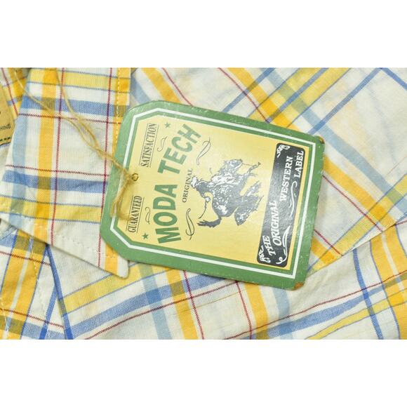 Moda Tech Men's Yellow Blue Plaid Western Snap Shirt Regular Size L NWT - Picture 7 of 8